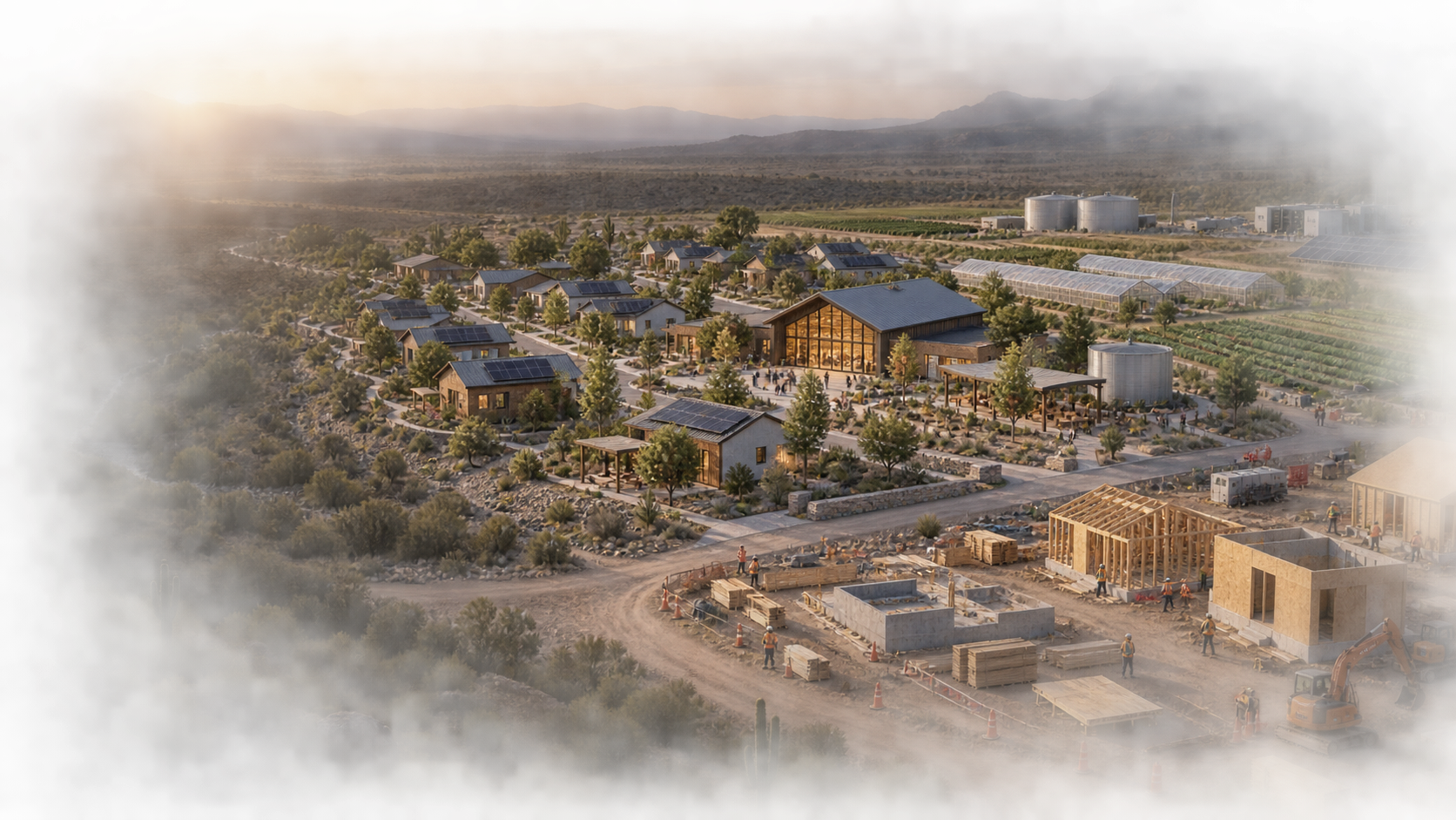Concept visualization of a small desert community with homes, farms, workshops, solar power, and active construction